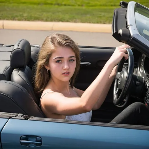 Prompt: [21 year-old college MAN is driving a convertible with hand on steering wheel] in the  there is 21 year-old Helen of Troy,
