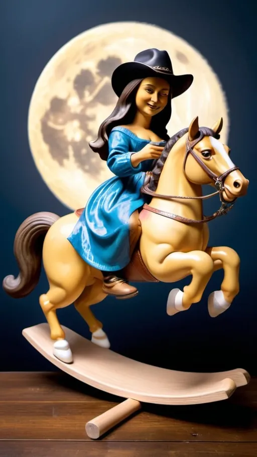 Prompt: Mona Lisa wearing cowboy hat riding a rocking horse, attach to wood rocker, that is jumping over the Moon.