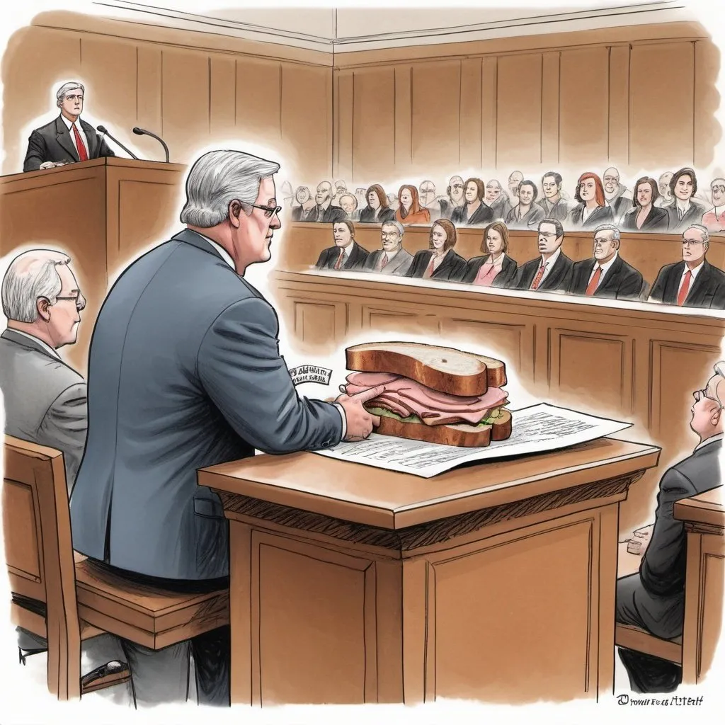Prompt: a political cartoon illustrating an indictment ham sandwich on the witness stand in court as seen by court spectators