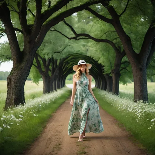 Prompt: a 21-year-old woman in  a  long flower print  Empire Dress with a high neck line and white hat,  standing on the green grass, a beautiful expressive face, curly blond hair,  full-length,  feet, faceting us on a dirt road surrounded by trees with a light at the end of the tunnel in the middle of the road, David Martin, magical realism, forest, a matte painting