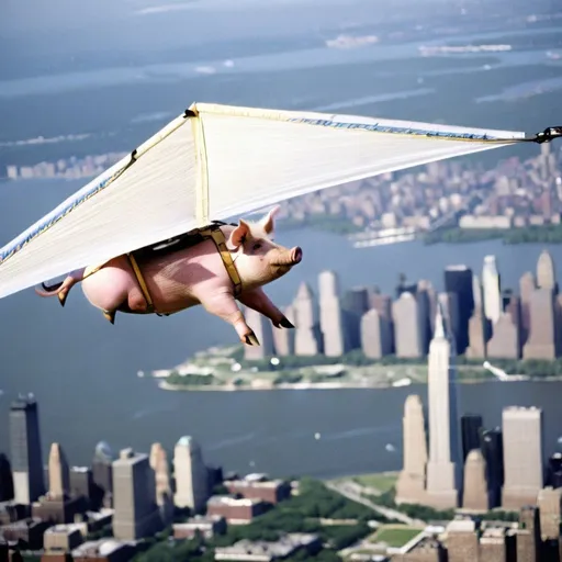 Prompt: a  pig ,  flying over New York city  on hang glider, 