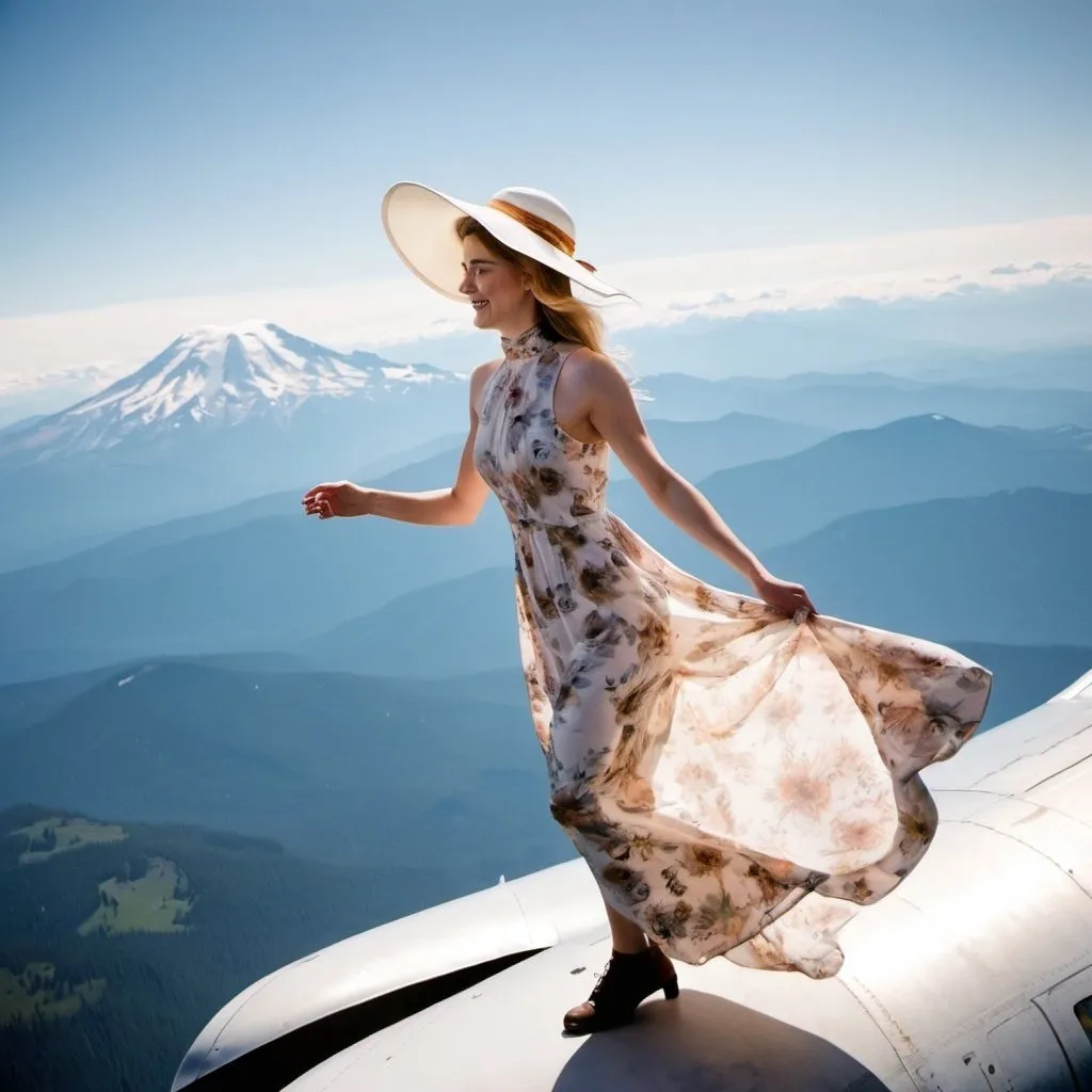 Prompt: a view of something crazy a (( 21-year-old woman in a long flower print Empire Dress with a high neck line and white hat)) is walking on top of the wing of the plane in flight, High Above Mt. Rainier


