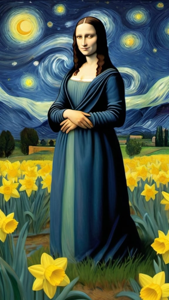 Prompt: Mona Lisa, standing on ground ,open field , A host, of golden daffodils,  night, milky way, full from head to toe body shot, in the style of "The Starry Night" by Vincent van Gogh