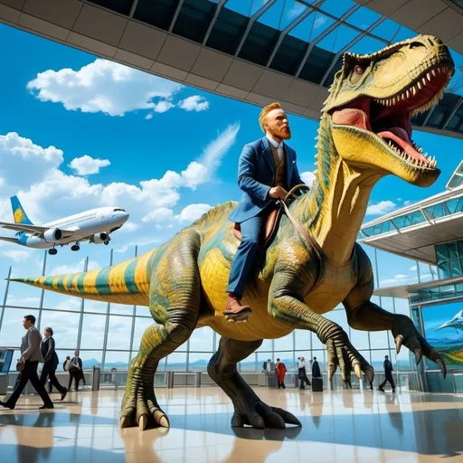 Prompt: Create an image of Vincent van Gogh riding a Tyrannosaurus Rex in a modern airport setting. Van Gogh should be depicted in his typical 19th-century attire, with his characteristic vibrant color palette. The airport should be bustling with contemporary elements such as planes, gates, and travelers, creating a striking contrast with the surreal scene of the artist riding the dinosaur. The overall style should blend van Gogh's expressive brushstrokes and vivid colors with the detailed, realistic setting of the airport.
