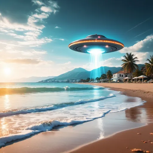 Prompt: background on a public beach, while UFO is attacking









