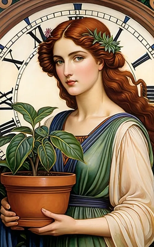 Prompt: a painting of a woman holding a potted plant in front of a clock with roman numerals, Evelyn De Morgan, pre-raphaelitism, pre - raphaelite, an art deco painting