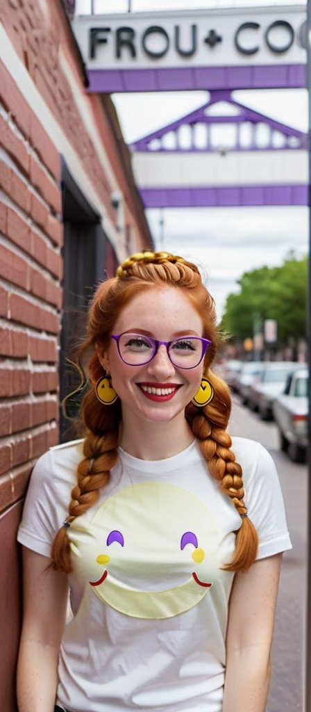 Prompt:  portrait of a smiling 27 year-old woman. green eyes. cover with dark freckle. long ginger hair ginger in a French braid.   wearing  red lipstick. purple broad rimmed eyeglasses.  1970s yellow smiley face earrings,  and  white t-shirt with a 1970s yellow smiley face. photo.