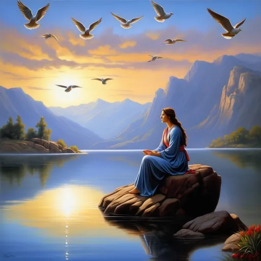 Prompt: a painting of a woman sitting on a rock by a lake with birds flying around her and a dove in the sky, Lord  make me a channel of thy peace that where there is hatred  I may bring love that where there is wrong I may bring the spirit of forgiveness that where there is discord  I may bring harmony that where there is error  I may bring truth that where there is doubt  I may bring faith that where there is despair  I may bring hope that where there are shadows  I may bring light that where there is sadness  I may bring joy Lord  grant that I may seek rather to comfort than to be comforted to understand  than to be understood to love  than to be loved For it is by self-forgetting that one finds It is by forgiving that one is forgiven It is by dying that one awakens to Eternal Life ,Anne Stokes, figurative art, classical painting, a fine art painting