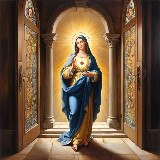 Prompt: a painting of  the doorway  of a 1st century Jewish home standing  alone by herself  the  Virgin Mary with halo is  touching  her flaming immaculate heart,  Anne Said, gothic art, renaissance oil painting, a flemish Baroque

the virgin Mary just said: 

“My soul glorifies the Lord
     and my spirit rejoices in God my Savior,
 for he has been mindful
    of the humble state of his servant.
From now on all generations will call me blessed,
    for the Mighty One has done great things for me—
    holy is his name.
 His mercy extends to those who fear him,
    from generation to generation.
 He has performed mighty deeds with his arm;
    he has scattered those who are proud in their inmost thoughts.
 He has brought down rulers from their thrones
    but has lifted up the humble.
 He has filled the hungry with good things
    but has sent the rich away empty.
He has helped his servant Israel,
    remembering to be merciful
to Abraham and his descendants forever,
    just as he promised our ancestors.”
