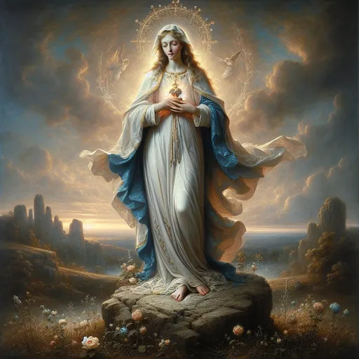 Prompt: Create a UHD, 64K, professional oil painting in the style of Carl Heinrich Bloch, blending influences from Flemish Baroque and traditional religious iconography. Depict the most holy Virgin Mary, full of grace, standing bare foot majestically on a rock. She is portrayed with a serene and compassionate expression, her gaze gently directed downward.

Mary is dressed in flowing, celestial robes of blue and white, symbolizing purity and holiness. Her head is adorned with a delicate halo, radiating a soft, divine light. Her immaculate heart  on her chest, which glows with a heavenly light, surrounded by a crown of thorns and topped with a small, radiant flame, symbolizing her love and sorrow.

In the foreground, the rock she stands on is rugged and natural, contrasting with her ethereal presence. Wildflowers bloom at the base, symbolizing her connection to the earth and her role as a nurturing mother. A gentle, golden light bathes the scene, creating a sense of peace and reverence.

The background features a serene landscape, with soft rolling hills and a tranquil sky painted in delicate hues of dawn or dusk, enhancing the sacred atmosphere. Angels can be subtly depicted in the clouds, looking down in adoration and veneration.

The overall composition emphasizes the divine and immaculate nature of the Virgin Mary, her purity, and her role as the compassionate mother of humanity. The painting should evoke a deep sense of reverence, peace, and divine grace.