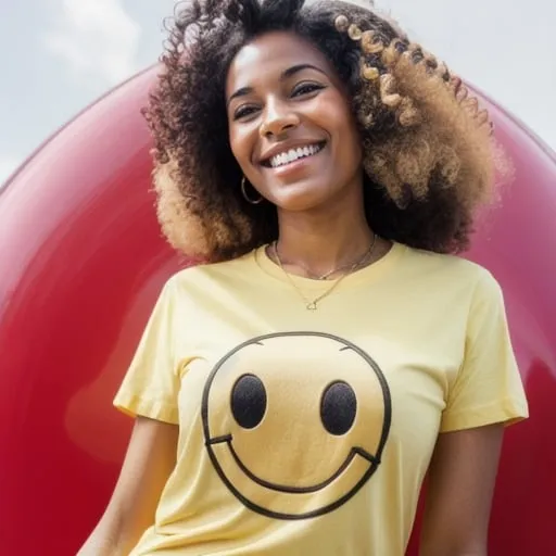 Prompt: woman with a 1970s smiley face on her t- shirt.