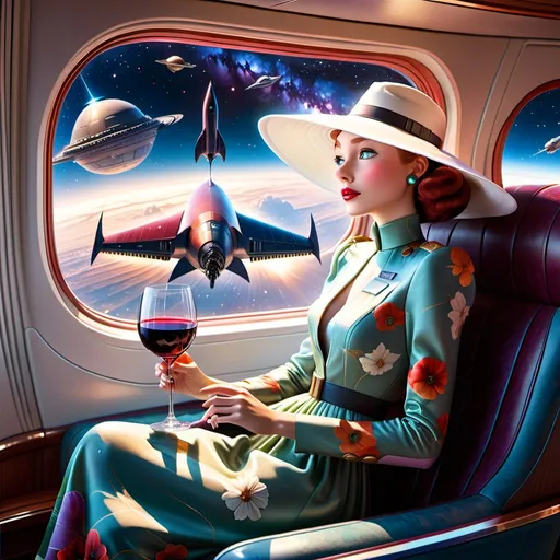 Prompt: a 21-year-old woman in a long flower print Empire Dress with a high neck line and white hat sitting on a spaceplane seat with a hat on her head drinking red wine,  and (( the Andromeda Galaxy))  in the background with a window, Annie Leibovitz, precisionism, promotional image, an art deco painting  drinking red wine,