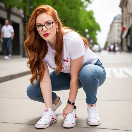 Prompt: the woman is 25-year-old, green eyes. cover with dark freckle. long ginger hair ginger in a French braid. wearing lipstick red. broad rimmed eyeglasses purple.

the is  woman wearing a WHITE t-shirt. 

the WHITE  t-shirt has one "V" on the center  of it.

 the woman is wearing  earrings.

the earrings  has "V" on them.

 the woman is wearing   blue jean, and tennis shoes.

the woman is  standing on her feet on a sidewalk