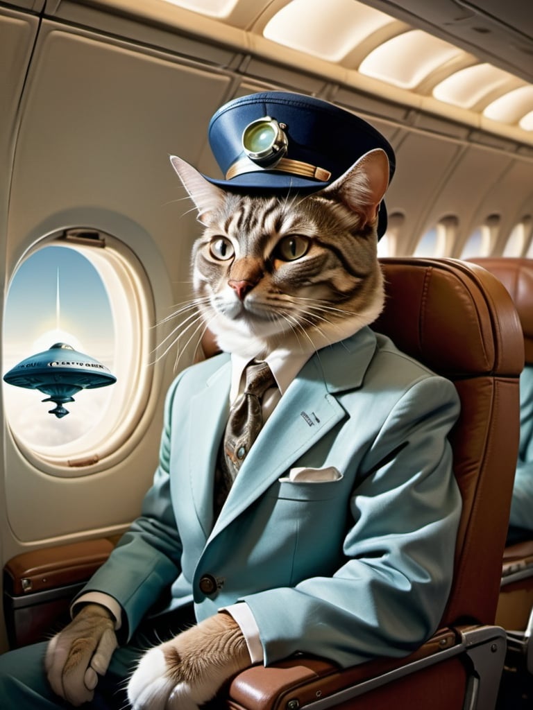 Prompt: a  anthropomorphic cat sitting on an airplane seat with a hat on his head and a UFO in the background with a window, Annie Leibovitz, precisionism, promotional image, an art deco painting