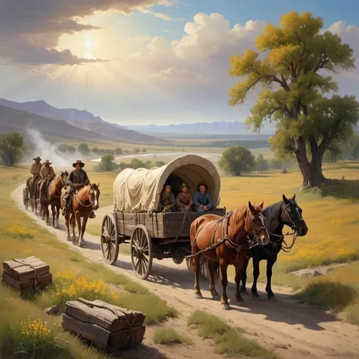 Prompt: Prompt: Create a UHD, 64K, professional oil painting in the style of Carl Heinrich Bloch, blending the American Barbizon School and Flemish Baroque influences. Depict a historical scene of a wagon train heading westward across the American frontier. The foreground features a rugged trail winding through a vast prairie, with several covered wagons pulled by oxen and horses. The wagons are filled with pioneers, their expressions a mix of determination and hope as they embark on their journey.

In the midground, the prairie stretches out with tall grasses swaying in the breeze, dotted with wildflowers. The sky is a brilliant blue, with fluffy white clouds drifting lazily, but hints of dramatic, distant mountains can be seen on the horizon, promising both challenges and opportunities ahead.

The background showcases the expansive landscape, with a river meandering through it, providing a source of life and a guide for the travelers. The painting includes various elements typical of the westward journey: a family gathered around a campfire, a scout on horseback surveying the path ahead, and children playing near the wagons, their laughter bringing a sense of normalcy to the arduous trek.

The atmosphere captures the spirit of adventure and resilience, with warm, golden light illuminating the scene as the sun begins to set, casting long shadows and enhancing the texture of the landscape. This painting celebrates the courage and pioneering spirit of those who ventured west in search of a new life, encapsulating both the beauty and the hardships of the journey.