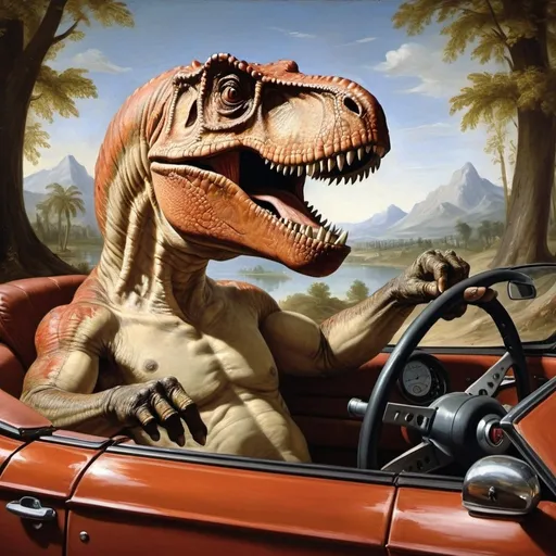 Prompt: [tyrannosaurus is driving a convertible with hand on steering wheel] academic art, renaissance oil painting, a painting