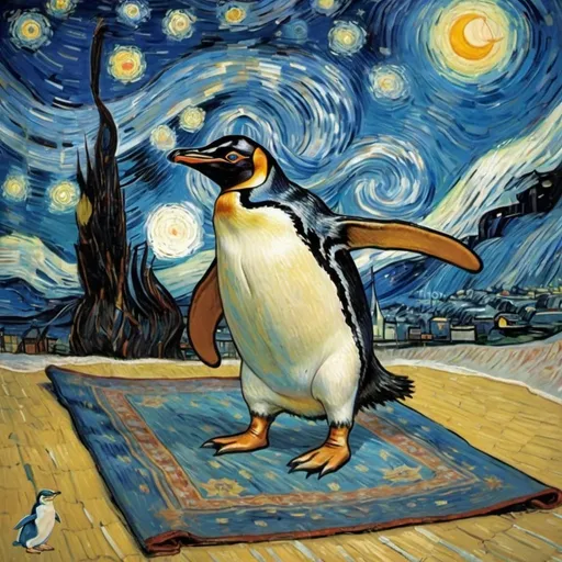 Prompt: a penguin flying on a "magic carpet" in "The Starry Night" by Vincent van Gogh