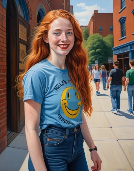 Prompt: a full-length portrait painting,
Helen of Troy 
cover with dark freckle, 
green eyes long ginger hair, 
red lipstick,
smile on her face,
standing on the sidewalk outside the 	Globe Theatre, 
smiley-face  t-shirt, 
long blue jean,
blue tennis shoes,
academic art, renaissance oil painting
