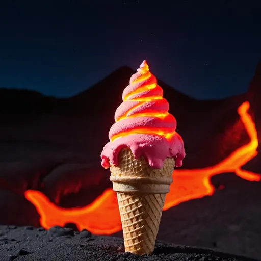 Prompt:  lava in an ice cream cone at night 