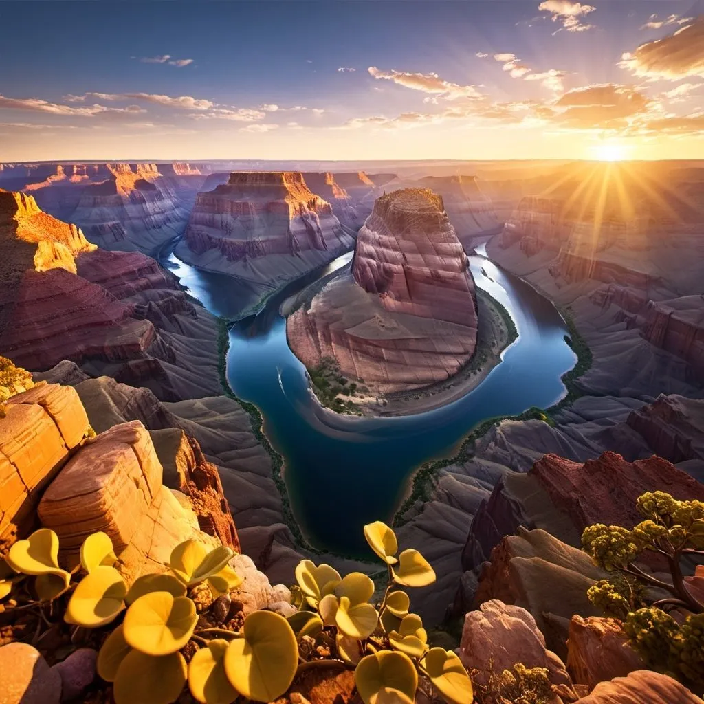 Prompt: Grand Canyon at sunrise, 
wide angle view, 
full depth of field, 
beautiful, 
high resolution, 
realistic,
detailed foliage, 
serene atmosphere, 
golden hour lighting, 
majestic Colorado River, 
exquisite rock formations, 
natural beauty, 
landscape painting,
professional quality, 
sunrise, 
Canyon walls, 
majestic  Colorado River, 
realistic, 
detailed foliage, 
serene atmosphere,
wide angle view,
full depth of field, 
beautiful, 
high resolution, 
golden hour lighting, 
exquisite rock formations, 
natural beauty