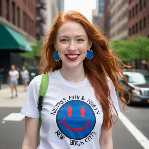 Prompt: portrait,  
(27 year-old woman,) 
(flying over New York city ),
(cover with dark freckle), 
(green eyes), 
(long ginger hair), 
(red lipstick), 
(a smile on her face), 
(earrings with a smiley face on it's earring hooks),  
(smiley-face t-shirt), 
(long blue jean), 
(red and blue tennis shoes),
photo
