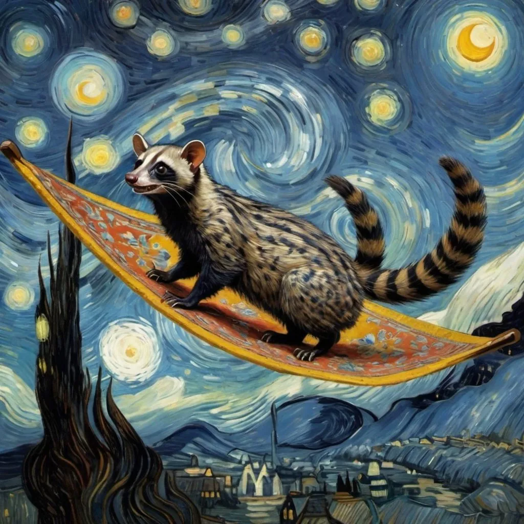 Prompt: A "Civet"  flying on a "magic carpet" in "The Starry Night" by Vincent van Gogh