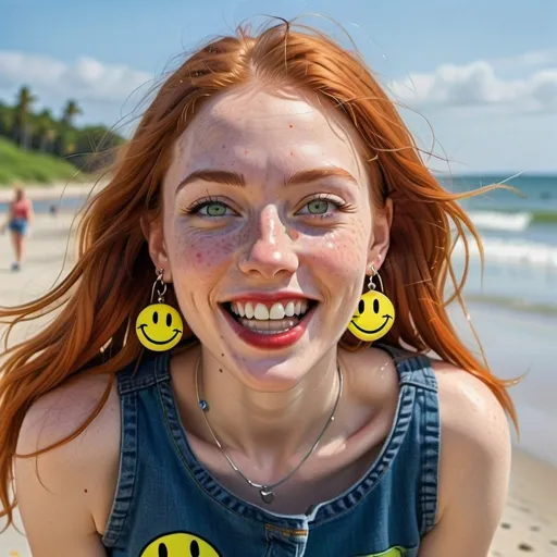 Prompt: photorealistic portrait of a [(27 year-old woman),  (cover with dark freckle), (green eyes), (long ginger hair), (red lipstick), (a smile on her face),(earrings with a SMILEY face on it's earring hooks), (smiley-face t-shirt), (long blue jean), (red and blue tennis shoes),]on the beach, looking very excited at an attacking UFO