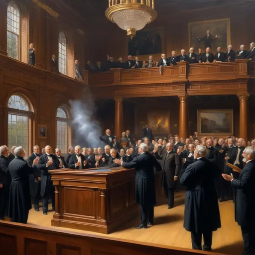 Prompt: Create a UHD, 64K, professional oil painting in the style of Carl Heinrich Bloch, elements of realism set in the year 1890, capturing the moment when members of a state house of representatives are celebrating the end of their biannual session. The Speaker of the House is striking the gavel, declaring the House adjourned "sine die." The scene is filled with the atmosphere of relief and jubilation.

In the painting, the Speaker stands at the front, mid-motion, as he strikes the gavel on the wooden podium. The representatives, dressed in period-appropriate attire of the late 19th century, are reacting with joy, clapping, shaking hands, and some even throwing their hats in the air. The grand hall is adorned with elaborate woodwork, chandeliers, and large windows allowing natural light to flood in. The walls are lined with portraits of notable figures and flags, adding to the historic and celebratory ambiance