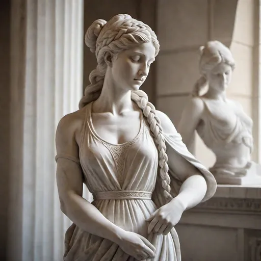 Prompt: Marble statue of beautiful 25-year-old woman in a white hat, long hair in a French braid,   thick long  cotton dress with a high neck line, high quality, classical sculpture, ancient Greek, detailed features, white marble, elegant pose, graceful, soft lighting, traditional, historical, realistic details, classical art, serene expression, lifelike, smooth curves, goddess-like, ancient beauty, classical, sophisticated, traditional sculpture, elegant, natural lighting