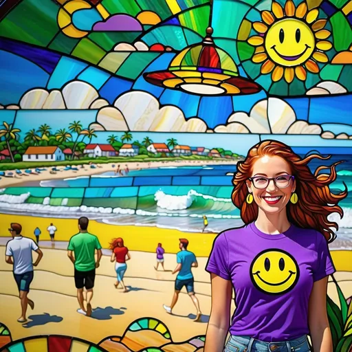 Prompt: photo 

25-year-old woman, green eyes. cover with dark freckle. long ginger hair ginger in a French braid. wearing lipstick red. broad rimmed eyeglasses purple

the is  woman wearing a white t-shirt. 

the  t-shirt has a yellow smiley face with two eyes and a smile on it's face, with a black outline, Dave Gibbons, naive art, smile, a digital rendering

 the woman is wearing  earrings.

the earrings has a yellow smiley face with two eyes and a smile on it's face, with a black outline, Dave Gibbons, naive art, smile, a digital rendering


the beach, while UFO is attacking while people are running for their lives


photo