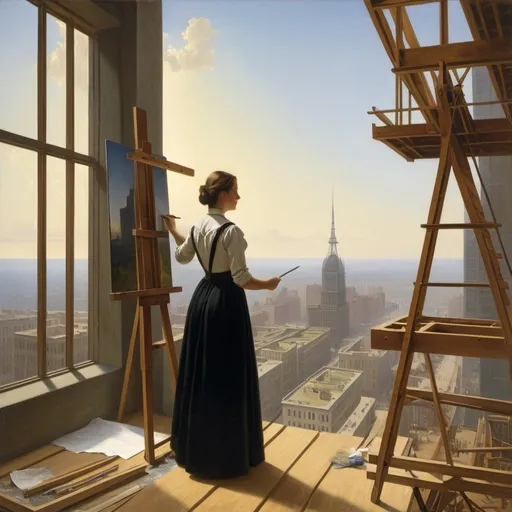 Prompt: painting of a woman working  as an architect on top floor of  a skyscraper that is under construction, Albert Bierstadt, 