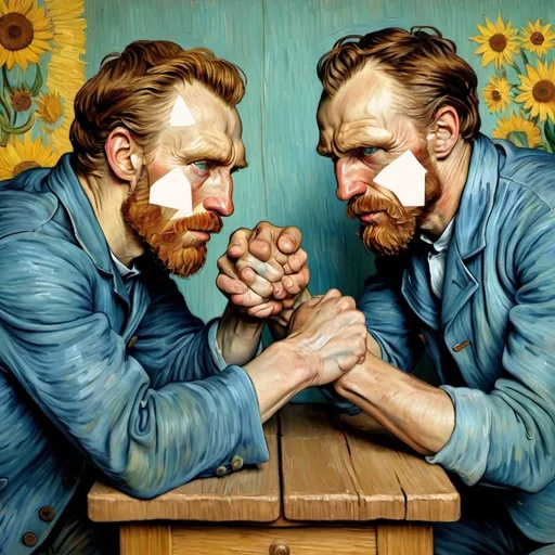 Prompt:  "Vincent van Gogh" Arm wrestling "Portrait de l'artiste sous les traits d'un moqueur, "