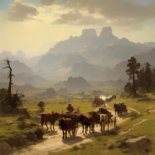 Prompt: <mymodel>Prompt: Create a UHD, 64K, professional oil painting in the style of Carl Heinrich Bloch, blending the American Barbizon School and Flemish Baroque influences. Depict a historical scene of a wagon train heading westward across the American frontier. The foreground features a rugged trail winding through a vast prairie, with several covered wagons pulled by oxen and horses. The wagons are filled with pioneers, their expressions a mix of determination and hope as they embark on their journey.

In the midground, the prairie stretches out with tall grasses swaying in the breeze, dotted with wildflowers. The sky is a brilliant blue, with fluffy white clouds drifting lazily, but hints of dramatic, distant mountains can be seen on the horizon, promising both challenges and opportunities ahead.

The background showcases the expansive landscape, with a river meandering through it, providing a source of life and a guide for the travelers. The painting includes various elements typical of the westward journey: a family gathered around a campfire, a scout on horseback surveying the path ahead, and children playing near the wagons, their laughter bringing a sense of normalcy to the arduous trek.

The atmosphere captures the spirit of adventure and resilience, with warm, golden light illuminating the scene as the sun begins to set, casting long shadows and enhancing the texture of the landscape. This painting celebrates the courage and pioneering spirit of those who ventured west in search of a new life, encapsulating both the beauty and the hardships of the journey.