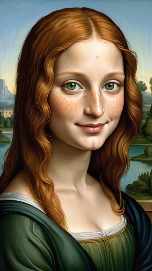 Prompt: a painting of Mona Lisa cover with dark freckle green eyes  long ginger hair    on a smile on her face, with a green background and a blue sky, Fra Bartolomeo, academic art, renaissance oil painting, a painting