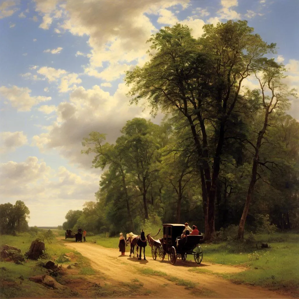 Prompt: <mymodel>a painting of a horse drawn carriage on a dirt road in a wooded area with people on the side of the road, Andreas Achenbach, american scene painting, thomas kindkade, an oil painting