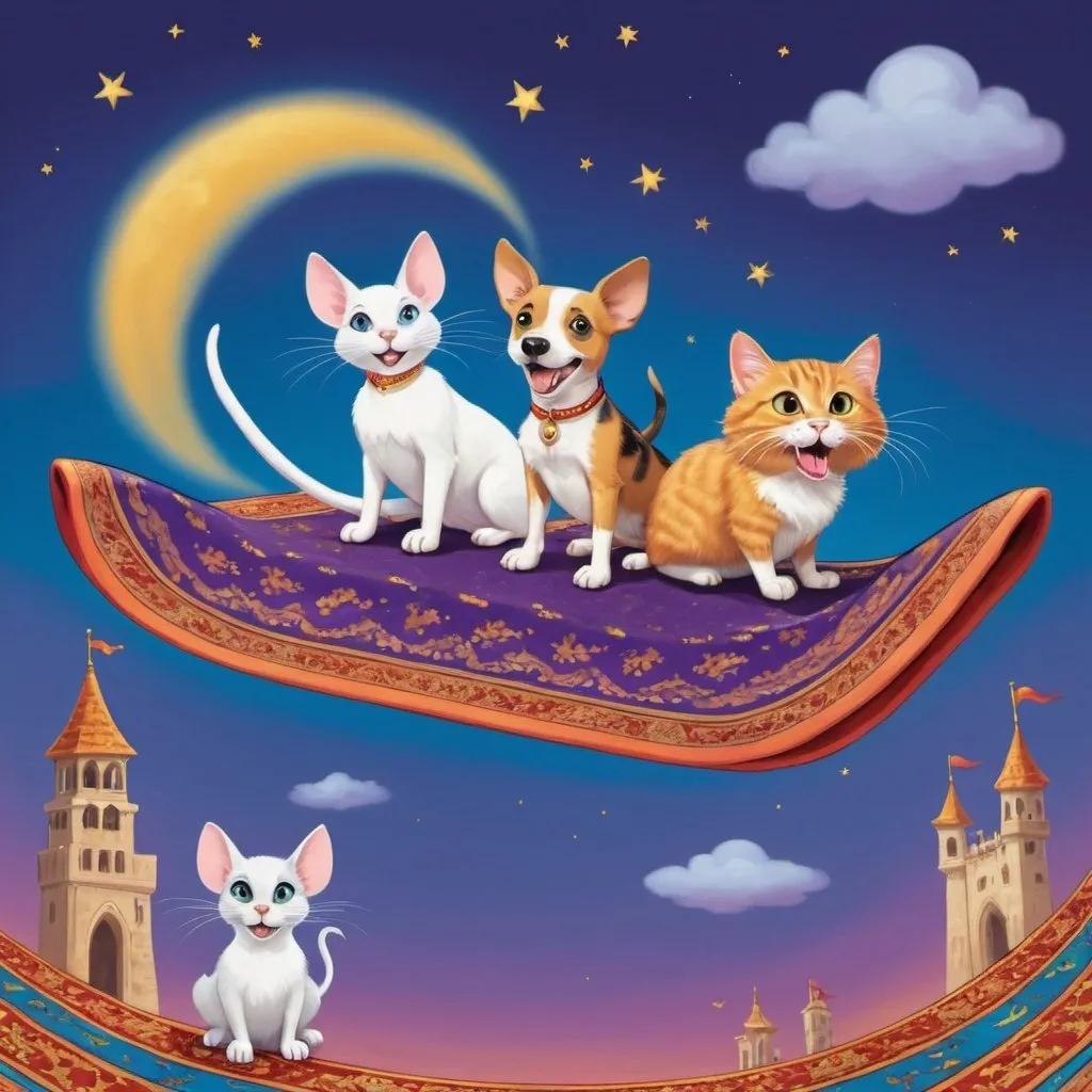 Prompt: A dog, cat, and mouse flying on a "magic carpet" 