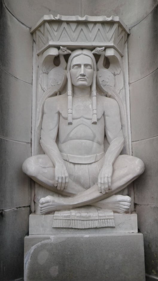 Prompt: a statue of a native American man sitting in a lotus position  Altichiero, art deco, sculpture, an art deco sculpture