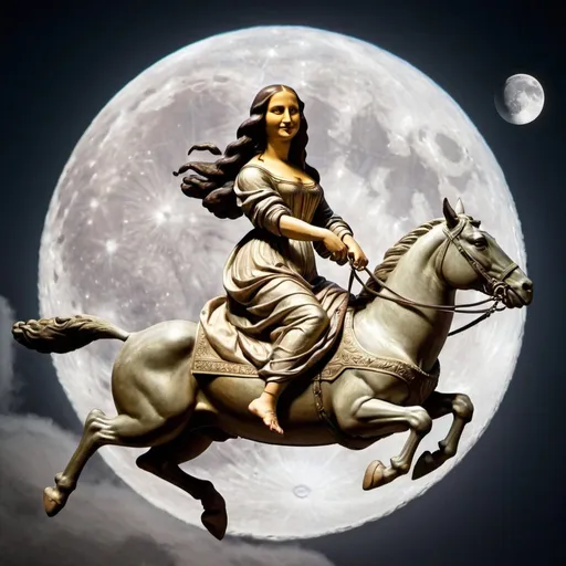Prompt: Mona Lisa riding a chariot that is jumping over the Moon.