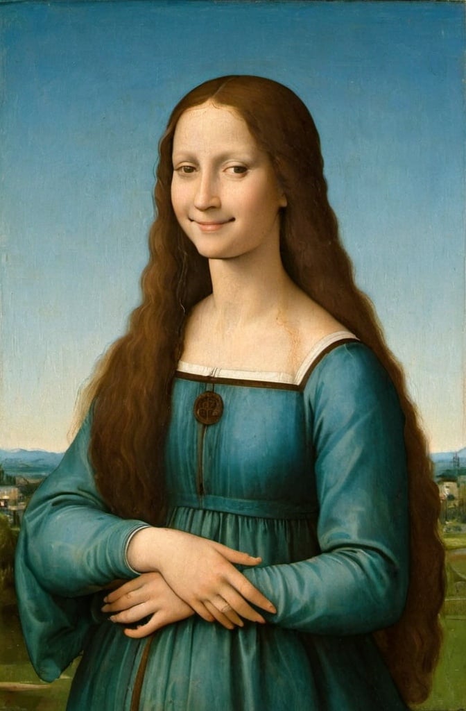 Prompt: a painting of a woman with long hair and a smile on her face, with a green background and a blue sky, Fra Bartolomeo, academic art, da vinci, a painting