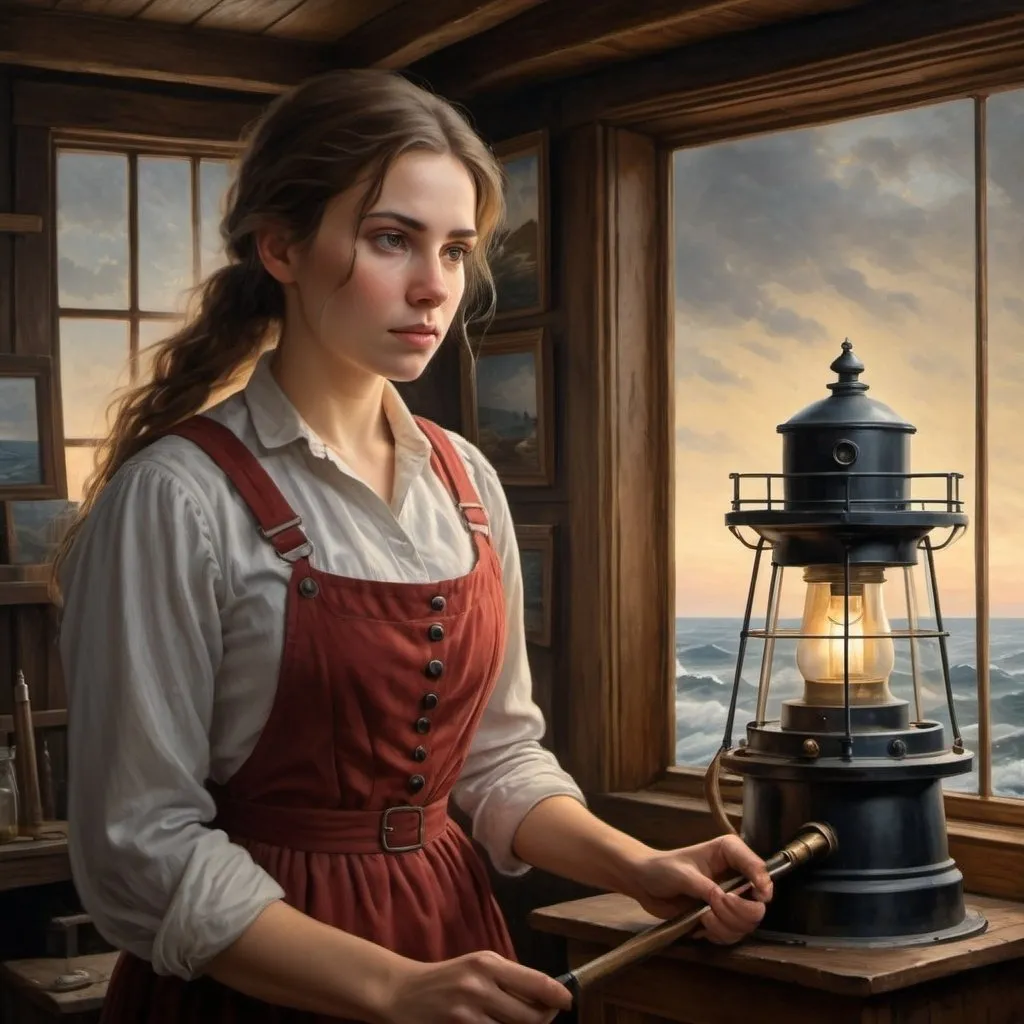 Prompt: Create a UHD, 64K professional oil painting set in the year 1870. Depict a 25-year-old woman working as a lighthouse keeper She is stands resolutely in the lighthouse by the light,