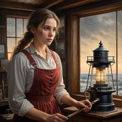 Prompt: Create a UHD, 64K professional oil painting set in the year 1870. Depict a 25-year-old woman working as a lighthouse keeper She is stands resolutely in the lighthouse by the light,