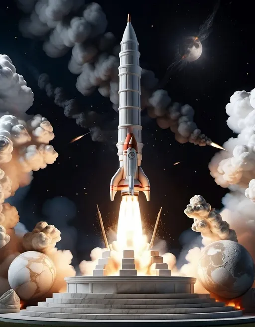 Prompt: white Marble statue of  a of a rocket is being launched on a clear night with fire and smoke billowing out of it's back, ancient beauty, classical, sophisticated, traditional sculpture, elegant, natural lighting, 3d blender render, 