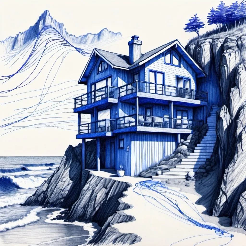 Prompt: a drawing of a home at an ocean beach by waterfall in the the mountains made with scribbles and messy lines,blue ballpoint,monochrome