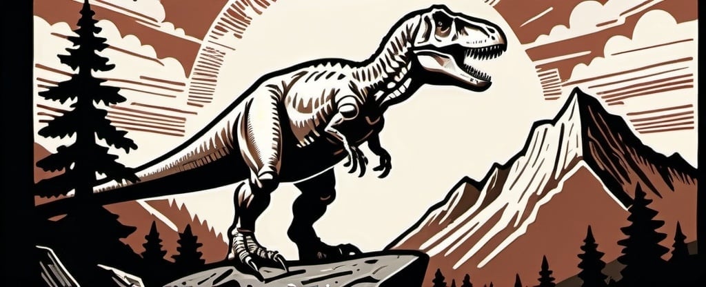 Prompt: A linocut of a proud and majestic tyrannosaurus is standing on a rock in the wilderness with mountains and trees in the background, neo-primitivism, detailed illustration, a woodcut

