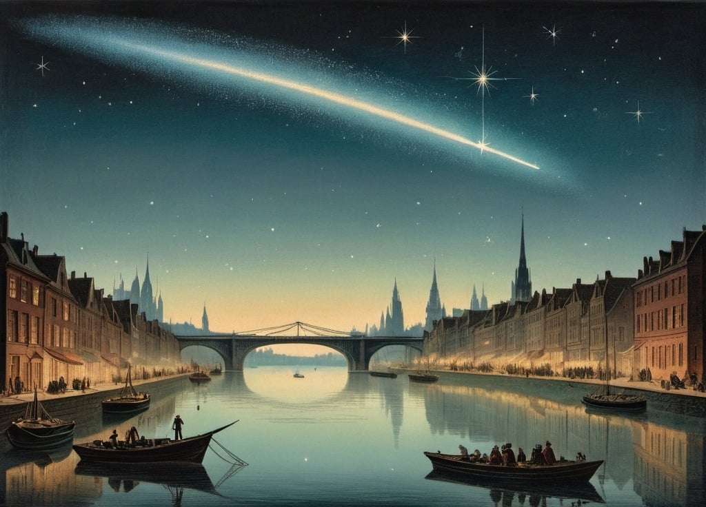 Prompt: a painting of a city with a bridge and a shooting star in the sky above it and a boat in the water, Edmund Weiss, space art, stars, a mid-nineteenth century engraving