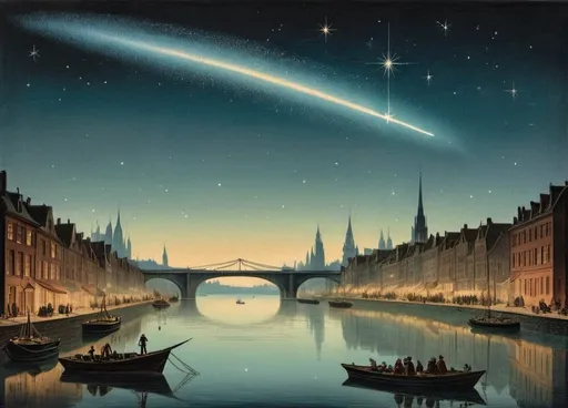 Prompt: a painting of a city with a bridge and a shooting star in the sky above it and a boat in the water, Edmund Weiss, space art, stars, a mid-nineteenth century engraving