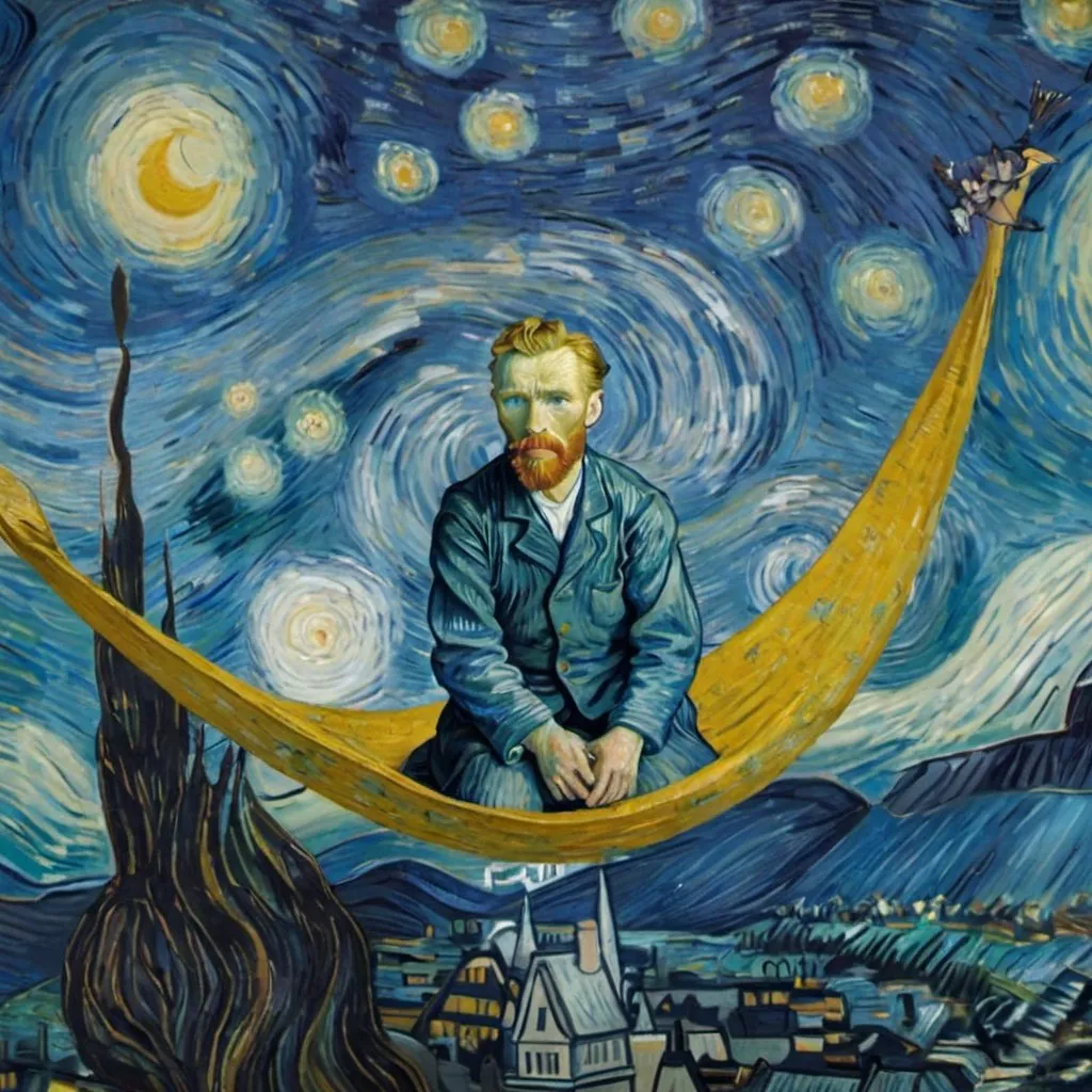 Prompt: "Vincent van Gogh"  flying on a "magic carpet" in "The Starry Night"