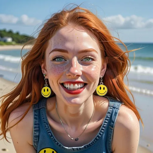 Prompt: photorealistic portrait of a [(27 year-old woman),  (cover with dark freckle), (green eyes), (long ginger hair), (red lipstick), (a smile on her face),(earrings with a SMILEY face on it's earring hooks), (smiley face T-shirt), (long blue jean), (red and blue tennis shoes),]on the beach, looking very excited at an attacking UFO