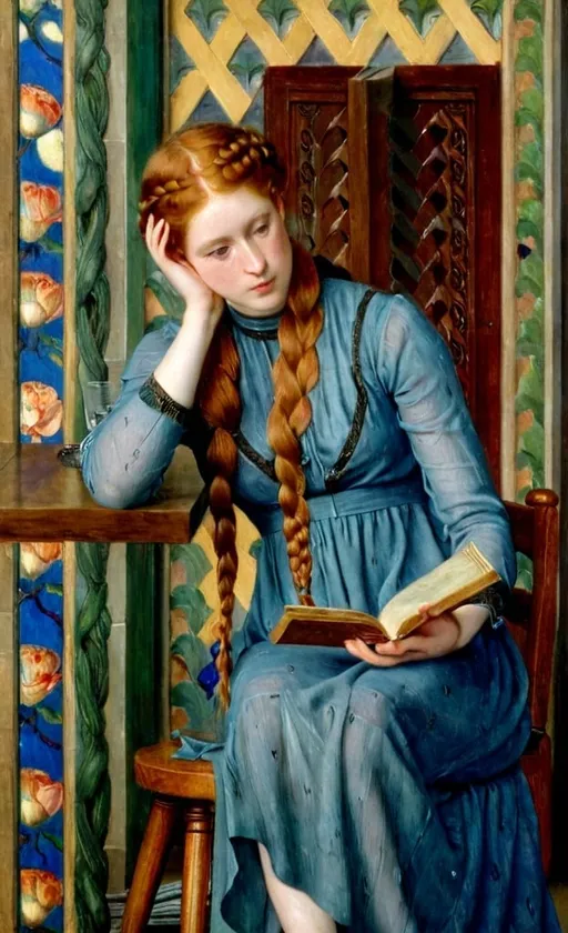 Prompt: a color painting  of a (beautiful 25-year-old woman with long hair ginger in a French braid wearing  a long cotton flower print Empire Dress with a high neck line) resting  her elbow on a  wood table sitting on a stool  holding a open  book  in her lap and looking at her face with her hand background a living room  , Evelyn De Morgan, pre-raphaelitism, pre - raphaelite, an art deco painting, professional
panting , HDR, UHD, 64K
