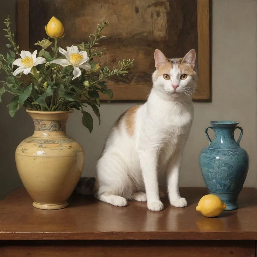 Prompt: a cat sitting on a table next to a painting and two vases with flowers in them and a lemon, Felix Octavius Carr Darley, arts and crafts movement, pre - raphaelite, a still life